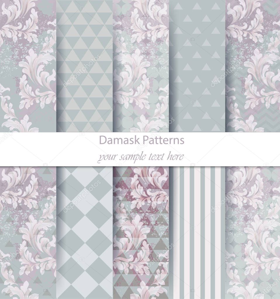 Damask patterns set collection Vector. Classic ornament various colors with abstract background textures. Vintage decor. Trendy color fabric texture