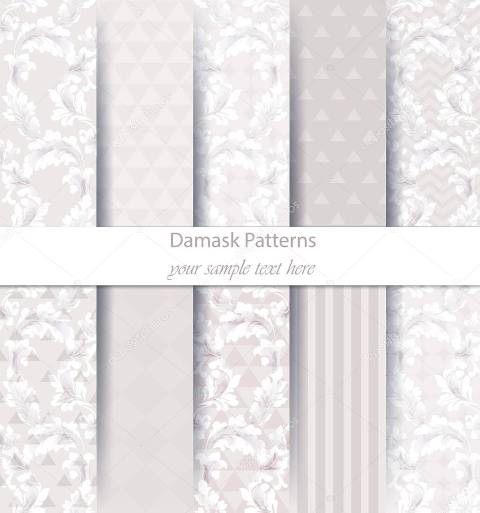 Damask patterns set collection Vector. Classic ornament various colors with abstract background textures. Vintage decor. Trendy color fabric textures