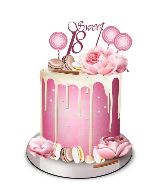 上方ベクトルの現実的に牡丹の花とピンクのケーキ。ホワイト チョコレートのフロスティング。誕生日、記念日、結婚式のロイヤル デザート — ストックベクタ