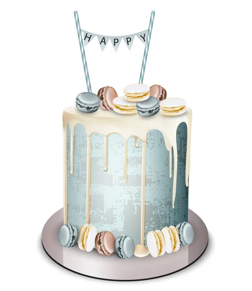 Feliz cumpleaños pastel Vector realista. Frosting de chocolate blanco y macarrones. Aniversario, boda, ceremonia postres modernos — Vector de stock