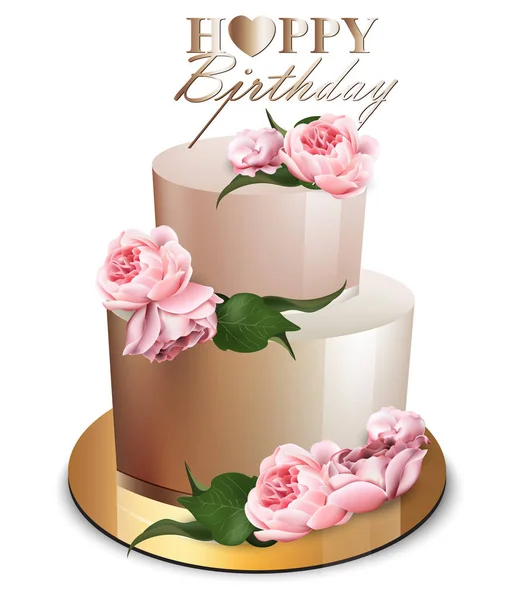 お誕生日おめでとうケーキ現実的なベクトル。記念日、結婚式、式典モダンなデザート。牡丹の花と黄金のケーキ — ストックベクタ