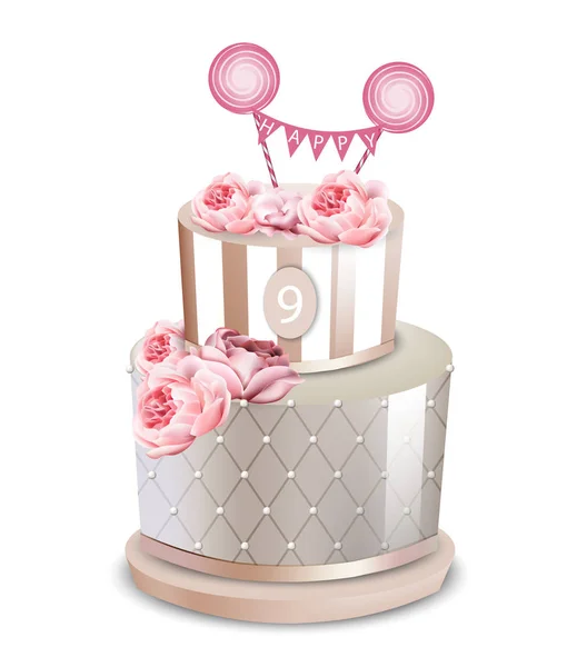 Hochzeitstortenvektor realistisch. Jubiläum, Geburtstag, Zeremonie moderne Desserts. weißer Luxus-Kuchen mit Rosenblüten — Stockvektor
