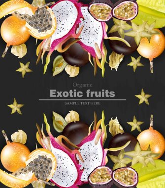 Egzotik meyve afiş vektör gerçekçi. Dragon meyve, granadilla, tutku meyve, starfruit, physalis düzen