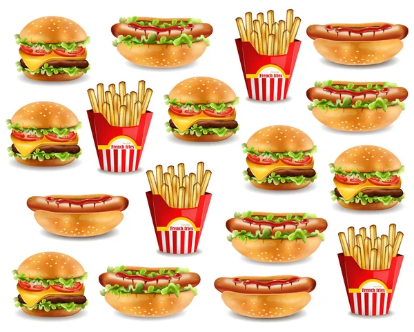 Patrón de comida rápida con hamburguesa, hot dog y papas fritas. Vector ilustraciones 3D realistas — Archivo Imágenes Vectoriales