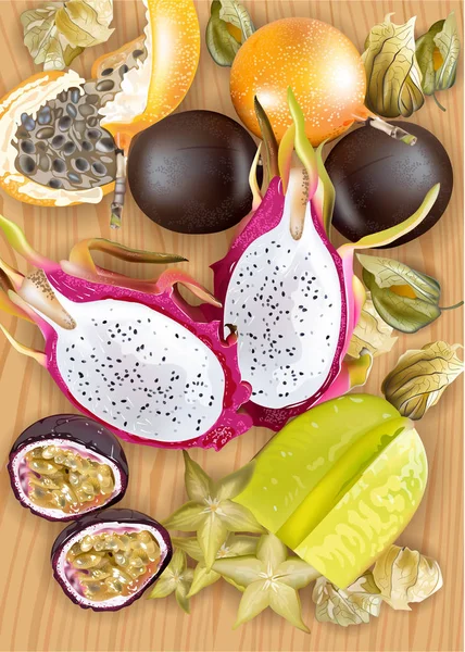 Trópusi gyümölcs minta vektor reális. Dragon fruit, passion gyümölcsök, granadilla, Kárámboly, physalis felső views — Stock Vector