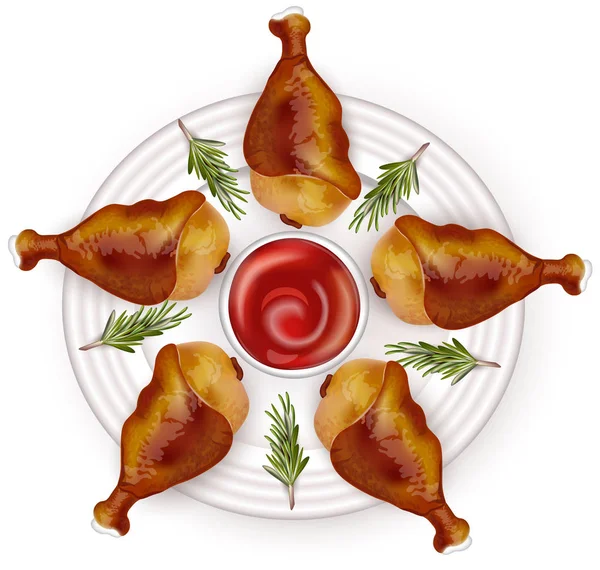 Alitas de pollo y botella de ketchup Vector realista. Banderas de diseño de ilustración 3D de carne orgánica fresca — Vector de stock