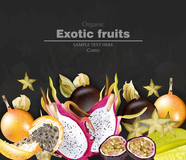 Egzotikus gyümölcsök banner vektor reális. Dragon fruit, passion gyümölcsök, granadilla, Kárámboly, physalis fekete háttérrel — Stock Vector