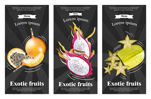 Exotische vruchten banners instellen Vector realistisch. Dragon fruit, granadilla, passie vruchten, starfruit, physalis, zwarte achtergronden — Stockvector