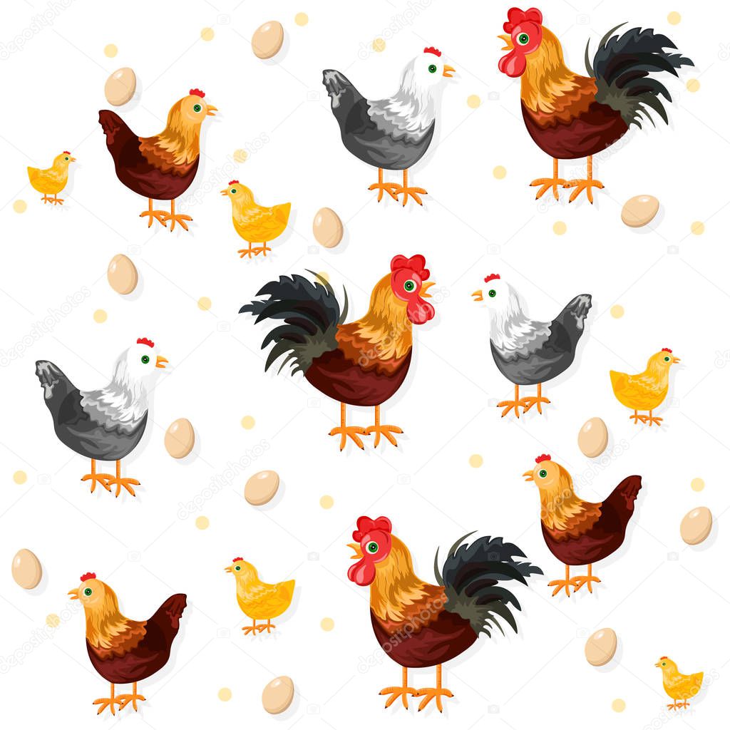 Rooster, chicken and eggs pattern Vector. Eco farmings