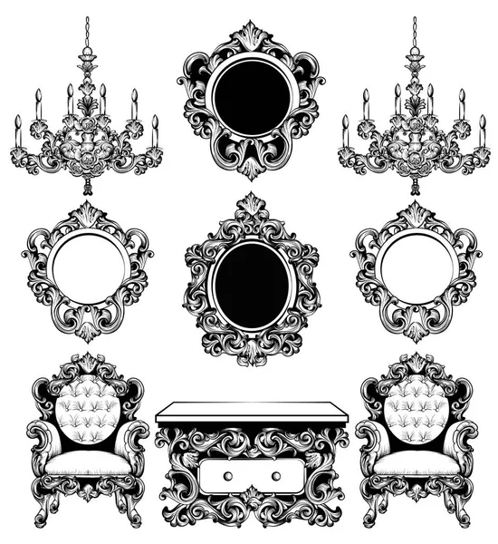 Богатая коллекция барочной мебели "Вектор". Изысканные резные украшения. Люстра, зеркало, стул и столик. Линейные декоры — стоковый вектор