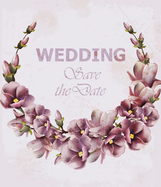 Πρόσκληση γάμου στεφάνι ροζ κάρτα διάνυσμα. Άνοιξη Floral φόντο — Διανυσματικό Αρχείο