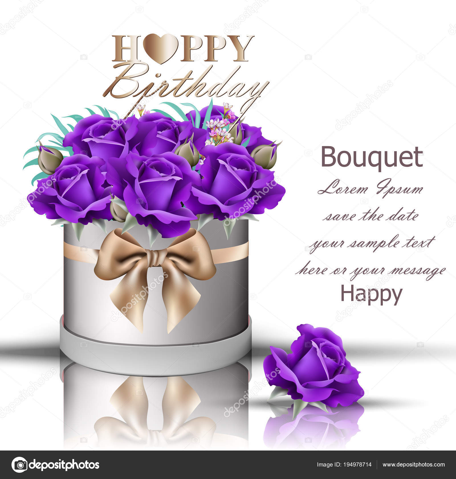 Happy Birthday violet roses bouquet Vector. Vintage floral ...