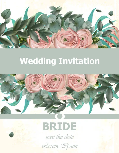 Svatební kytice pivoněk pozvání vektoru. Vintage květinovým dekorem růžové barvy — Stockový vektor