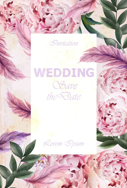 Svatební kytice pivoněk pozvání vektoru. Vintage květinový dekor fialové barvy — Stockový vektor