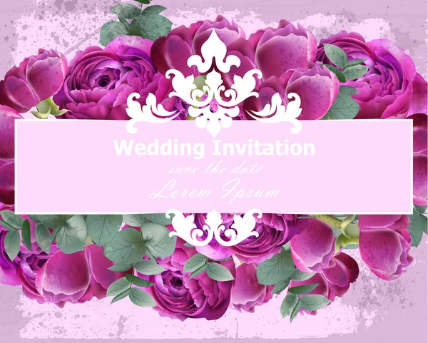Esküvői meghívó pünkösdi rózsa csokor vektor. Vintage virág dekor lila színben — Stock Vector