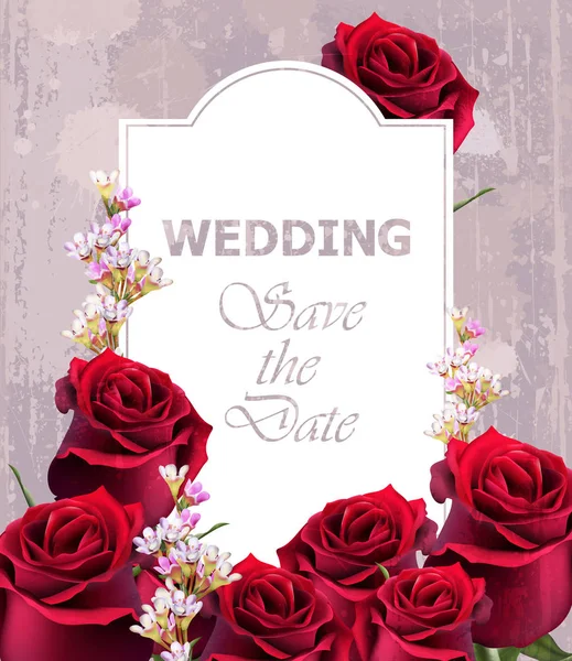Приглашение на свадьбу с реалистичными розами Вектор. Винтажный цветочный декор красного цвета — стоковый вектор