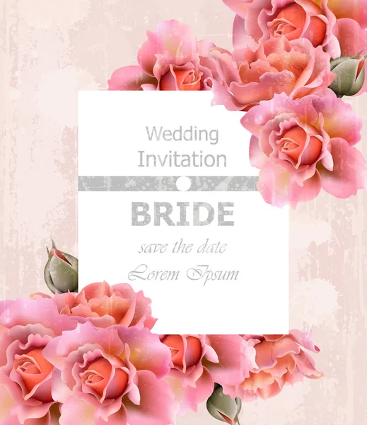 Düğün davet gül vektör kartı. Çerçeve çiçek hassas dekorlar — Stok Vektör