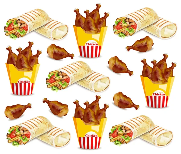 Alitas de pollo y shawarma Patrón vectorial. Fondos de comida rápida — Vector de stock