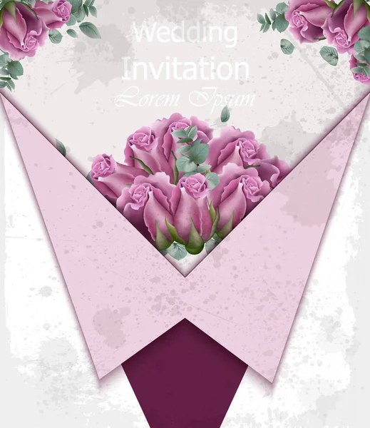 婚礼请柬与玫瑰载体。美丽的卡片花卉3d 背景 — 图库矢量图片