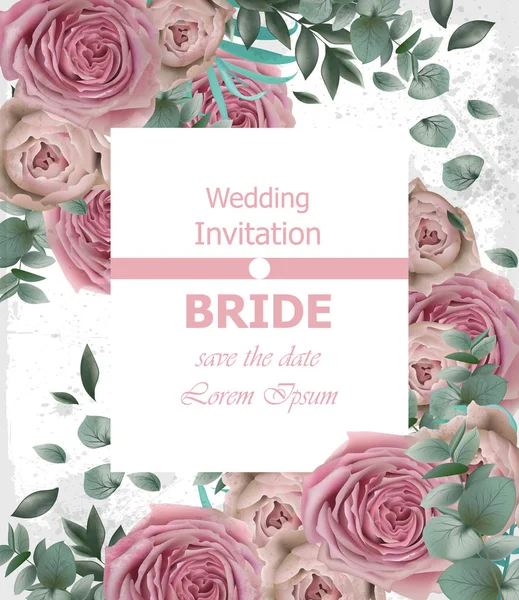 Pozvánka na svatbu s delikátní růžové růže vektoru. Krásné vertikální karty květinové 3d pozadí — Stockový vektor