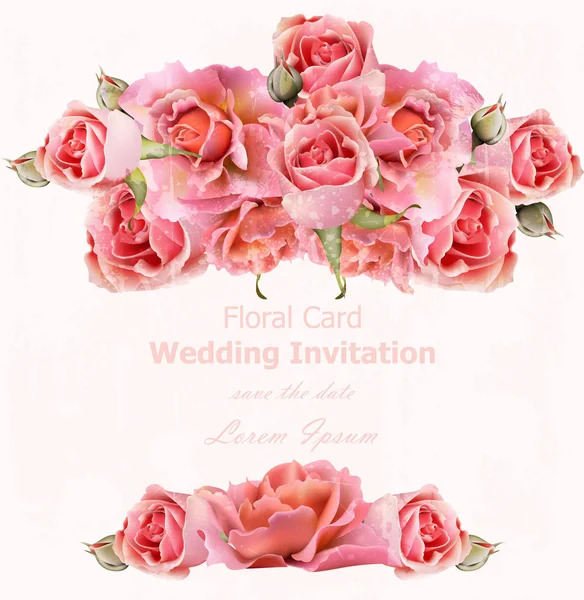 Invitación de boda con rosas Vector. Hermosa tarjeta floral 3d fondos — Vector de stock