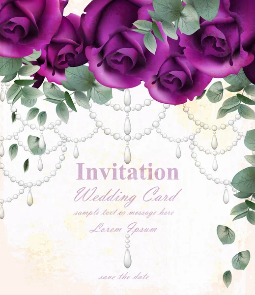 Carte d'invitation de mariage avec des roses violettes violettes et des pierres précieuses décor — Image vectorielle