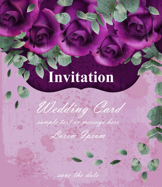 Düğün davetiye kartı mor menekşe gül dekorasyonu tasarımları ile — Stok Vektör