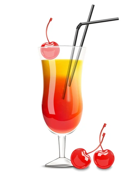 Cocktailglasvektor realistisch. Sommergetränke mit Kirsche und Orange — Stockvektor