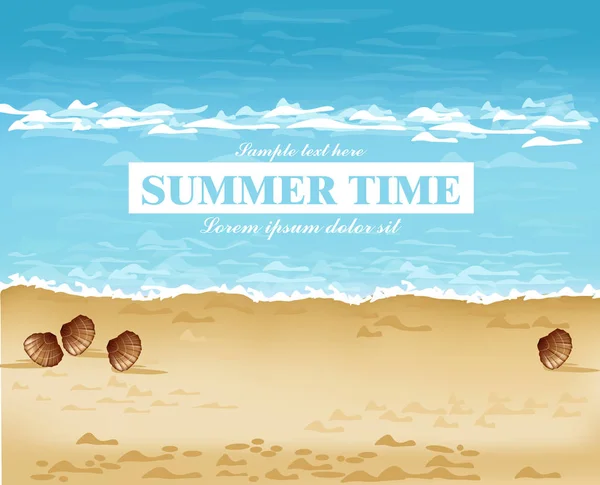 Pláž pobřeží letní karta vektoru. Vlny, modré moře a písek pozadí — Stockový vektor