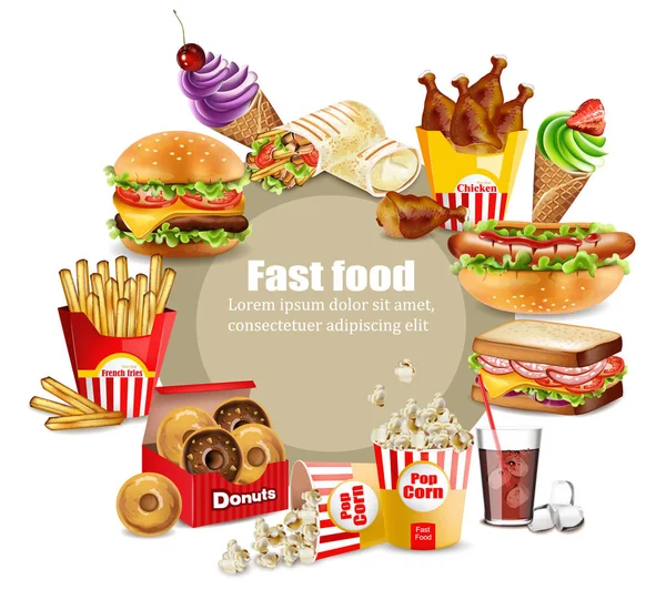Fast food piatti felici set vettoriale. Stendardo di raccolta dettagliato realistico con hot dog, hamburger, sanwich, patatine fritte, ciambelle, gelato, popcorn — Vettoriale Stock