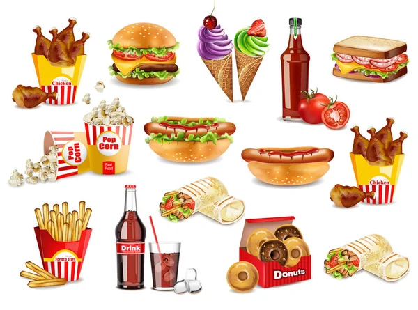 Refeições fast food conjunto coleta Vector. Banner coleção detalhada realista com cachorro-quente, hambúrguer, sanduíche, batatas fritas, rosquinhas, sorvete, milho pop —  Vetores de Stock