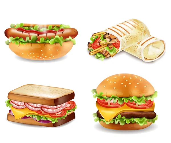 Hambúrguer, sanduíche, cachorro-quente e embrulhe Vector. Coleções de conjuntos realistas —  Vetores de Stock