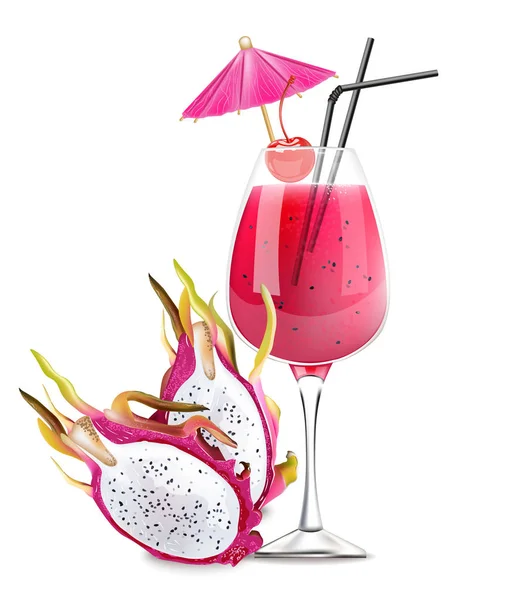 Drachenfruchtcocktail-Vektor. Realistischer Sommerdrink Tropensäfte — Stockvektor