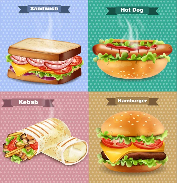 Burger, sandwich, hot dog and wrap Vector. Realistic set collections — Stock Vector