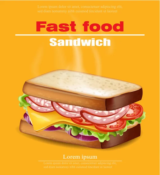 Hot Sandwich Vektor realistisch. Fast-Food-Attrappe 3D-Detailillustrationen — Stockvektor