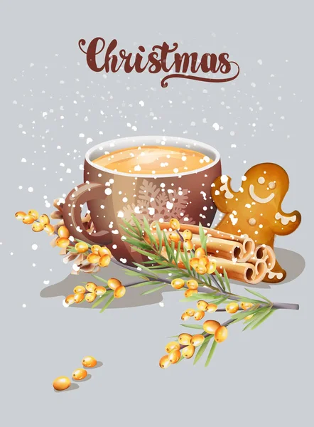 Copo vermelho com cappuccino e enfeites de Natal — Vetor de Stock