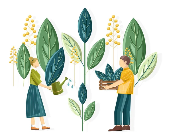 Pessoas rurais plantando folhas de flores gigantescas —  Vetores de Stock