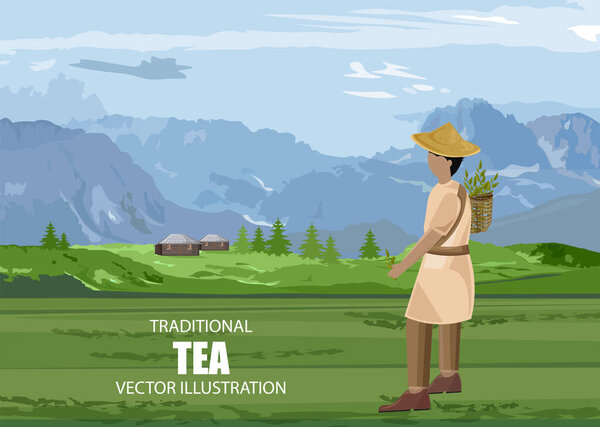Asian man walking in a tea field with basket. Houses and mountains on background. Cloudy sky. Vector — Stock Illustration Asian man walking in a tea field with basket — Stock Vector