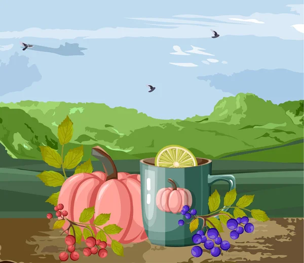 Herbst gemütliche Komposition mit Tasse heißer Schokolade — Stockvektor