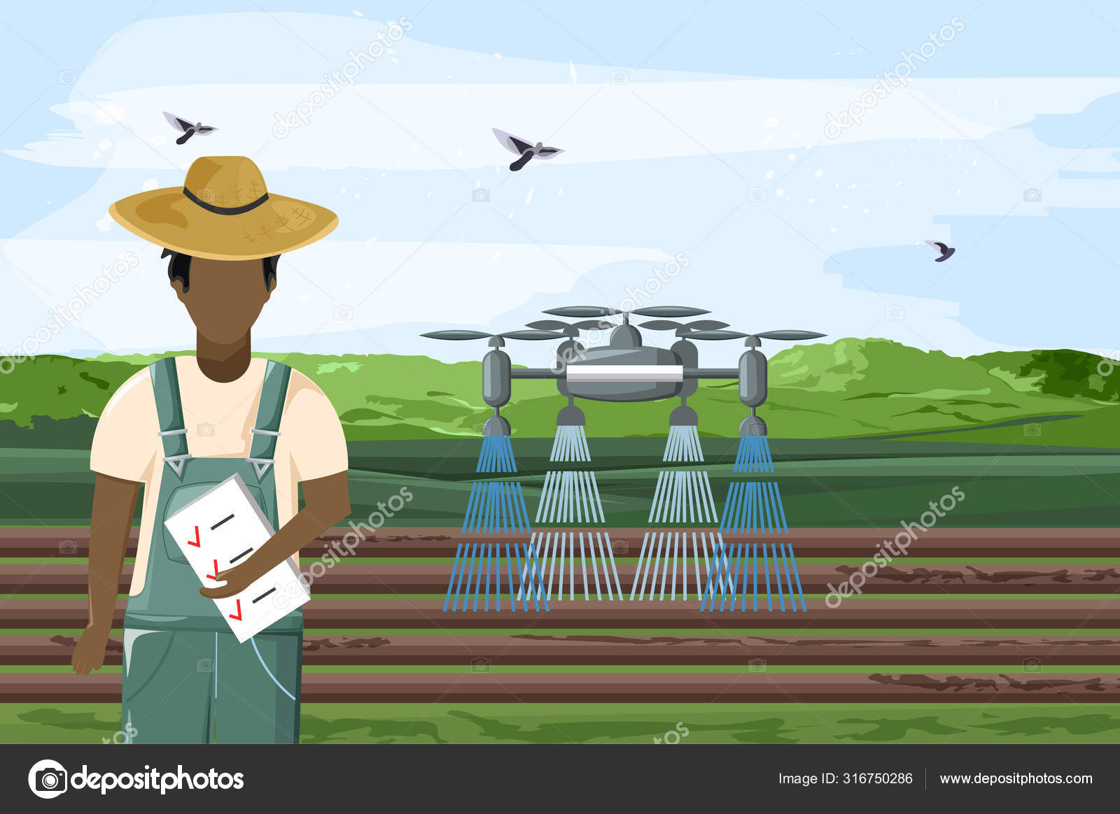 Drone regando o campo e o homem controlando o trabalho Vetor de stock de inagraur.ymail 316750286