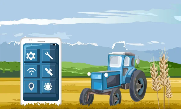 Trator azul no campo controlado pelo aplicativo de telefone inteligente — Vetor de Stock