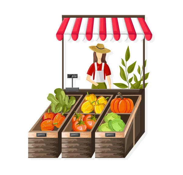 Frau verkauft Gemüse im Freien — Stockvektor