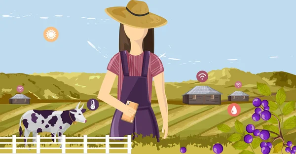 Mujer controlando futura granja inalámbrica desde el teléfono inteligente — Vector de stock