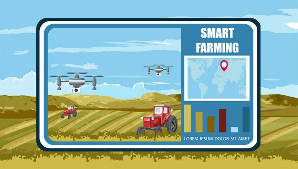 Smart farming banner with wireless unmanned drones and tractors — Stock Vector