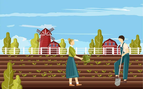 Casal de camponeses a trabalhar no jardim —  Vetores de Stock