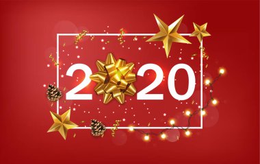 Altın yıldızlı ve kurdeleli Yeni Yıl 2020 afişi