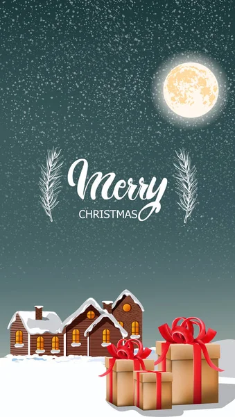 Caixa de presente Feliz Natal com casas cobertas de neve — Vetor de Stock