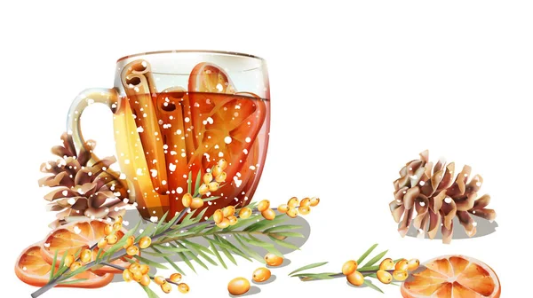 Χειμερινό φλιτζάνι τσάι με κανέλα και φέτες πορτοκαλιού — Διανυσματικό Αρχείο