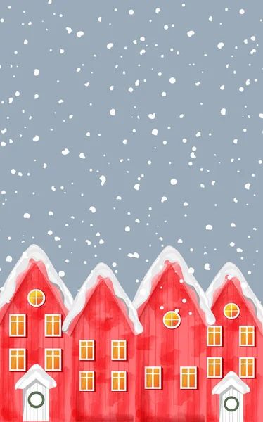水彩缤纷的冬日红色房屋被暴风雪覆盖着 — 图库矢量图片