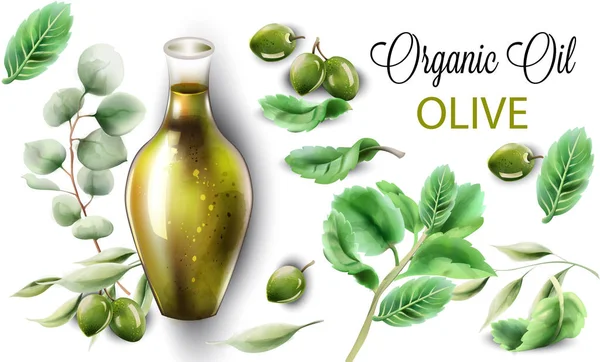 Aceite de oliva ecológico en forma abstracta de vidrio con decoraciones — Vector de stock